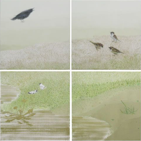 カラス、スズメ、モンシロチョウとカントウタンポポ、つくし